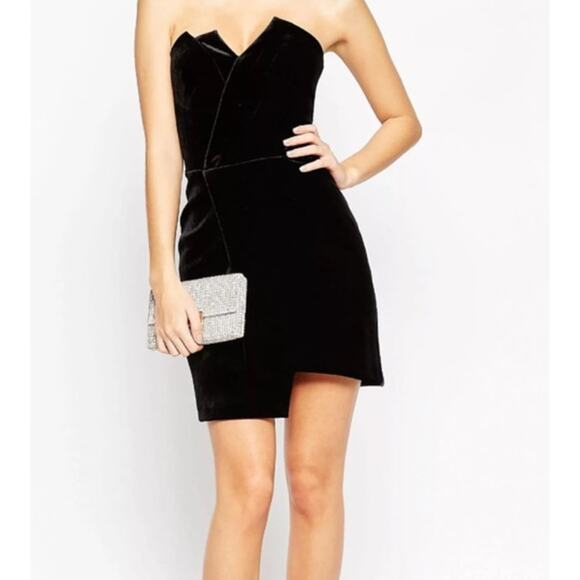 ASOS Dress Women's 2 Black Night Velvet Asymmetric Bandeau Neck Mini Lined Zip - Picture 5 of 11